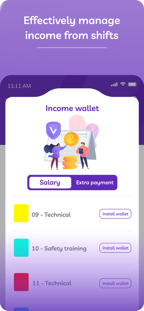 Interface of ShiftCal app showing the income wallet feature for managing shift salary and extra payments