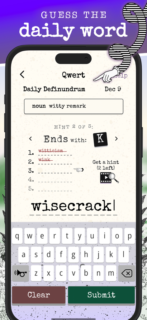 Interface do jogo de celular Qwert mostrando o quebra-cabeça de palavras Daily Definundrum.