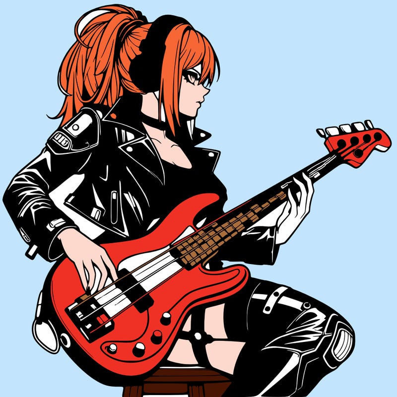 cyberpunk anime femme human in leather with a bass guitar
