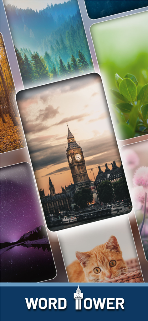 Word Tower: Relaxing Word Game - A collage of aesthetic background themes for the Word Tower app including nature scenery and city landmarks