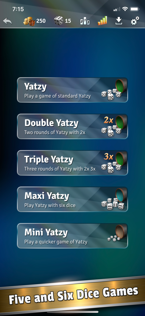 Yatzy Dice Master game mode selection screen showing five different ways to play including Yatzy Double Triple Maxi and Mini