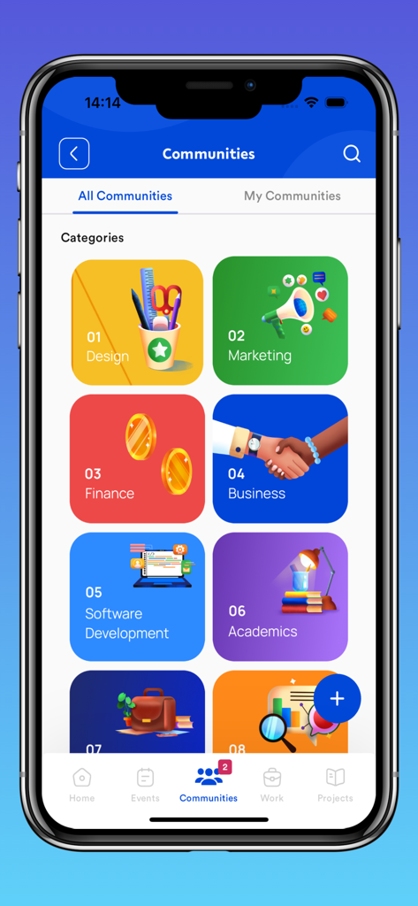 Scholarly: Earn as you grow - Scholarly app screen displaying various professional community categories like Design Marketing Finance and Business