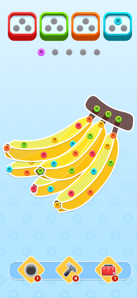 Un écran de jeu de puzzle mobile montrant des vis colorées tenant un régime de bananes ensemble avec des boîtes de tri en haut.