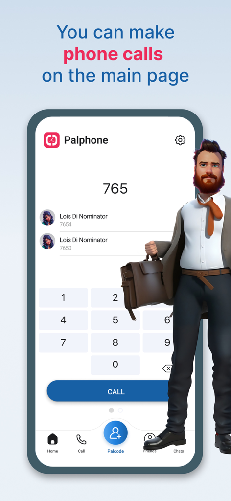 Palphone - Palphone mobile app interface showing the anonymous phone call dial pad and a 3D character.