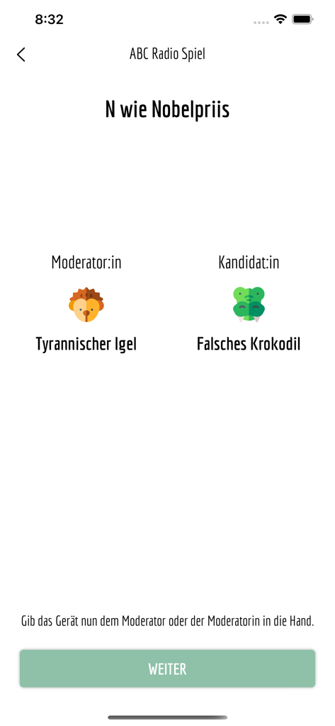 ABC Radio Spiel (Schweizer Ed) - ABCラジオシュピールアプリのセットアップ画面。司会者と候補者の役割を表示。