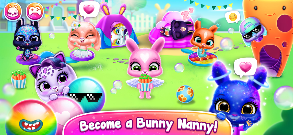 Bunnsies - Happy Pet World - Una variedad de conejos virtuales lindos y coloridos jugando en un parque en la aplicación Bunnsies.
