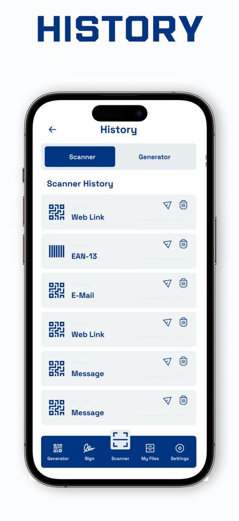 A list of scanned QR codes and barcodes in the app history section