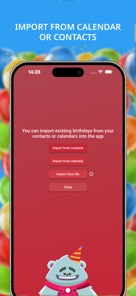 Birthday calendar and reminder - Interfaz de la aplicación de recordatorio de cumpleaños que muestra opciones para importar datos desde contactos, calendario o archivos