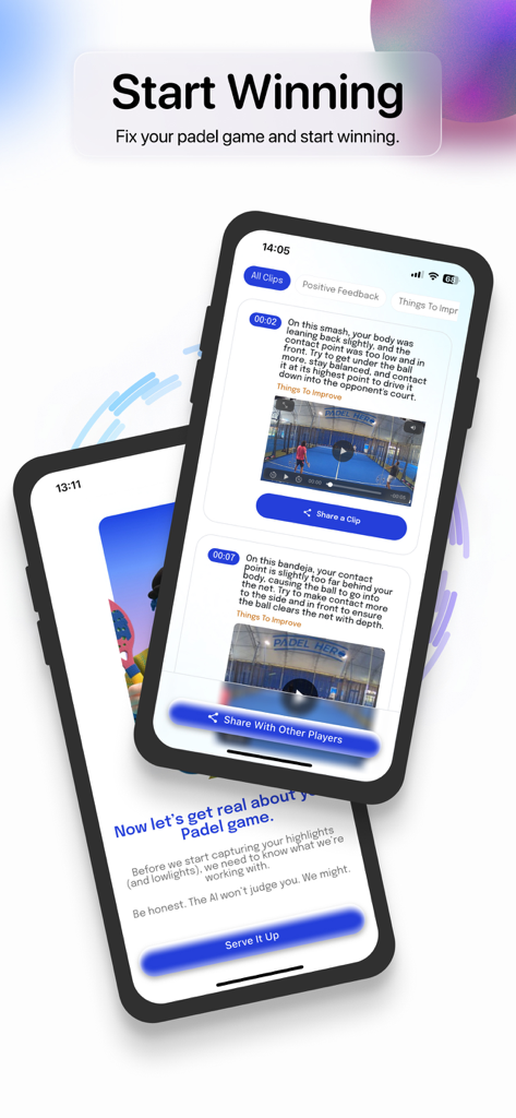 iPhone screens displaying AI-driven coaching feedback and video analysis for padel shots like smashes and bandejas.