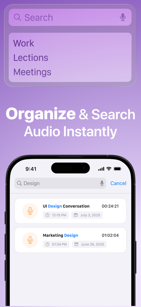 Live Transcribe: Voice to Text - Interface do usuário do aplicativo Live Transcribe mostrando o recurso de pesquisa para organizar gravações de voz por categorias como Trabalho e Reuniões.
