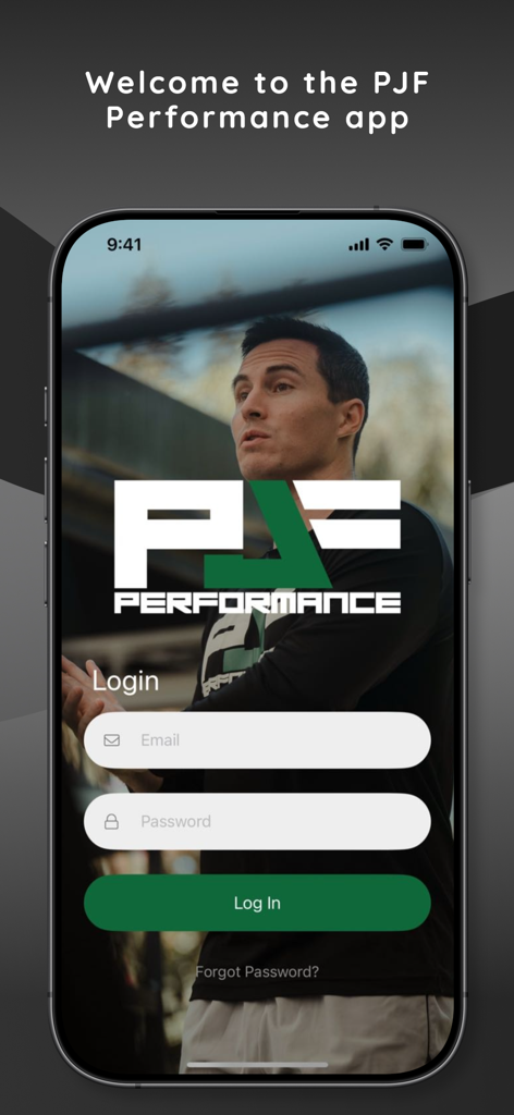 PJF Performance - PJF Performance app login screen featuring email and password input fields with trainer Paul Fabritz in the background
