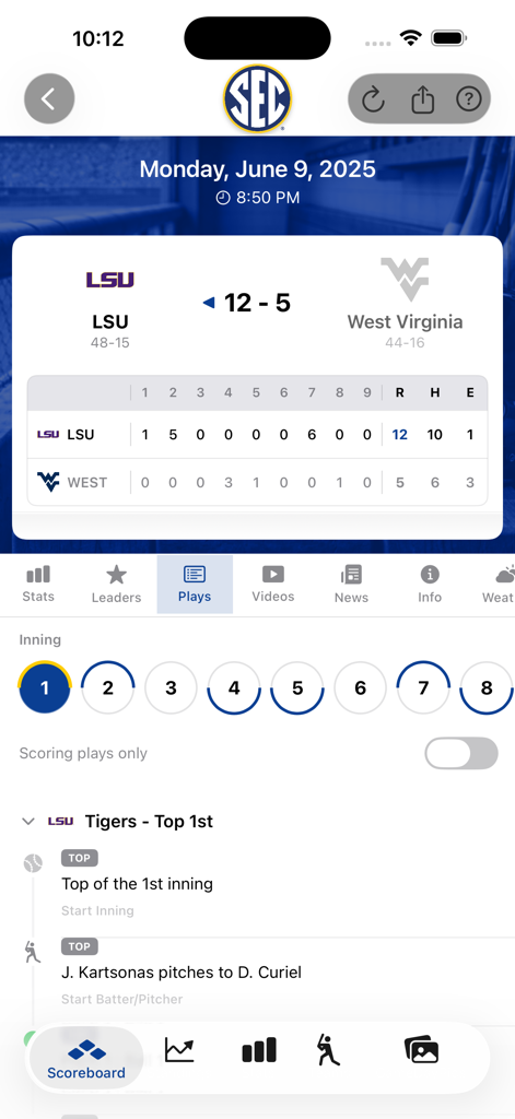 SEC Baseball - SEC Baseball app interface showing a live game score and play by play updates for an LSU match.