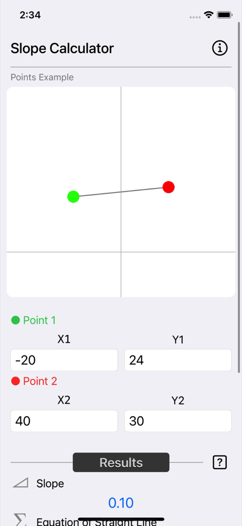 Pantalla de la aplicación Calculadora de Pendiente Plus que muestra la entrada de coordenadas para dos puntos y el resultado de la pendiente calculada