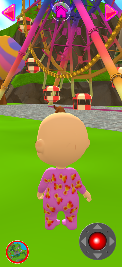 Talking Babsy Baby character in pink pajamas standing in front of a colorful Ferris wheel in an amusement park
