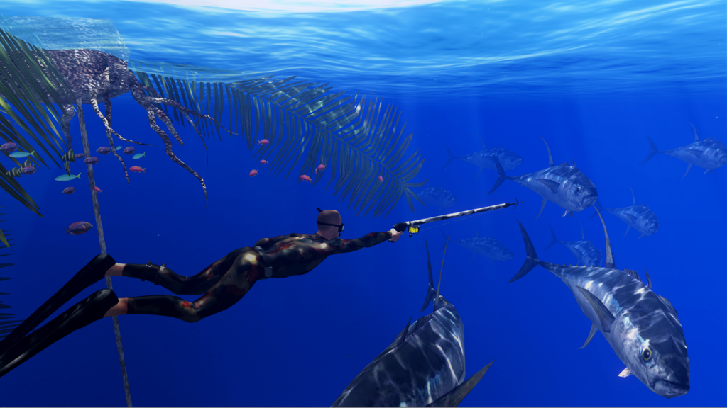 Un buzo con un traje de neopreno de camuflaje apuntando con un arpón a un banco de grandes atunes bajo el agua