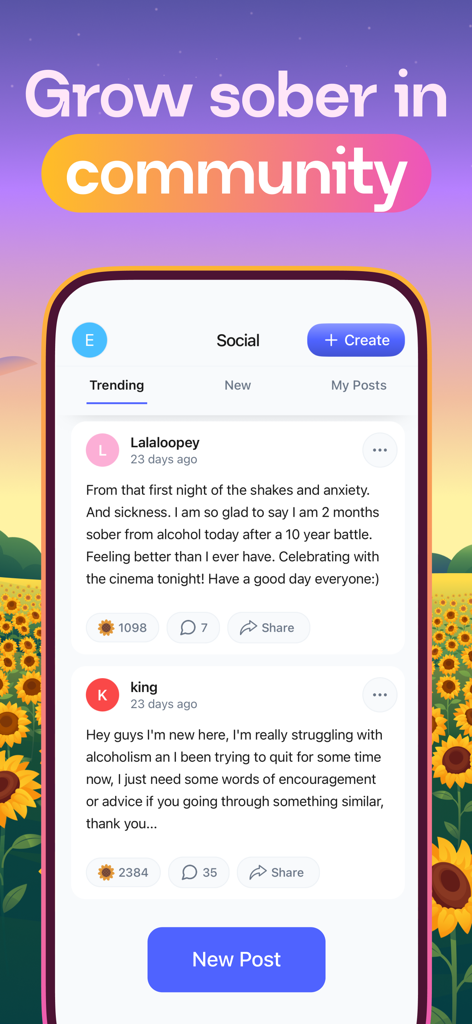Social community feed in the Sunflower app showing user sobriety stories.