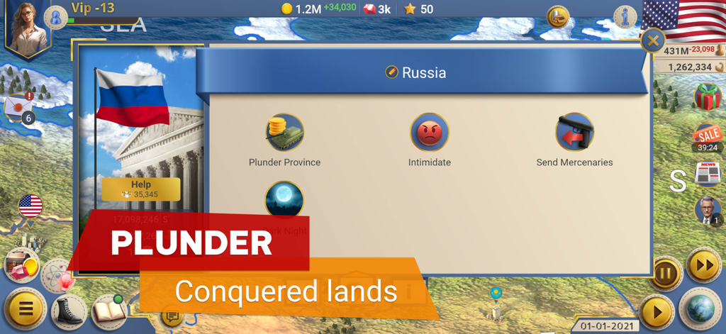 Gameplay screenshot of MA 2 President Simulator showing strategic options to plunder or intimidate conquered territories.