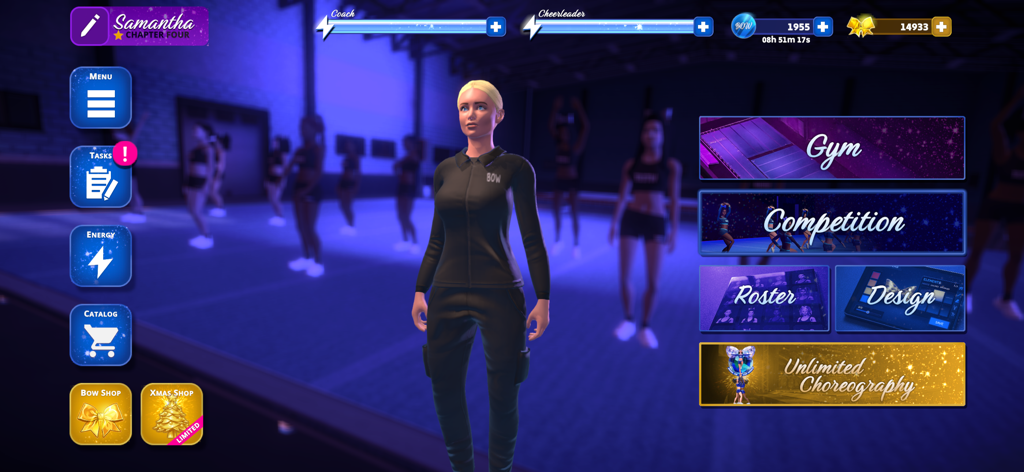 Boss of the World - Menu principal de l'application Boss of the World montrant le personnage de l'entraîneur et les options de gestion de la salle et de compétitions