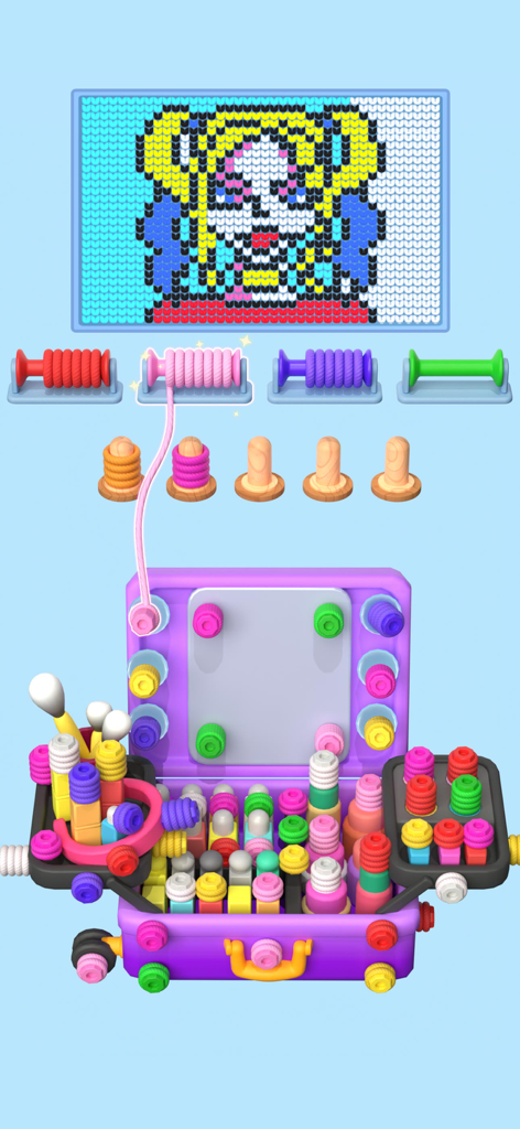 Wool Master 3D - Thread Sort - A 3D puzzle game screen showing colorful yarn being sorted from a suitcase into reels.