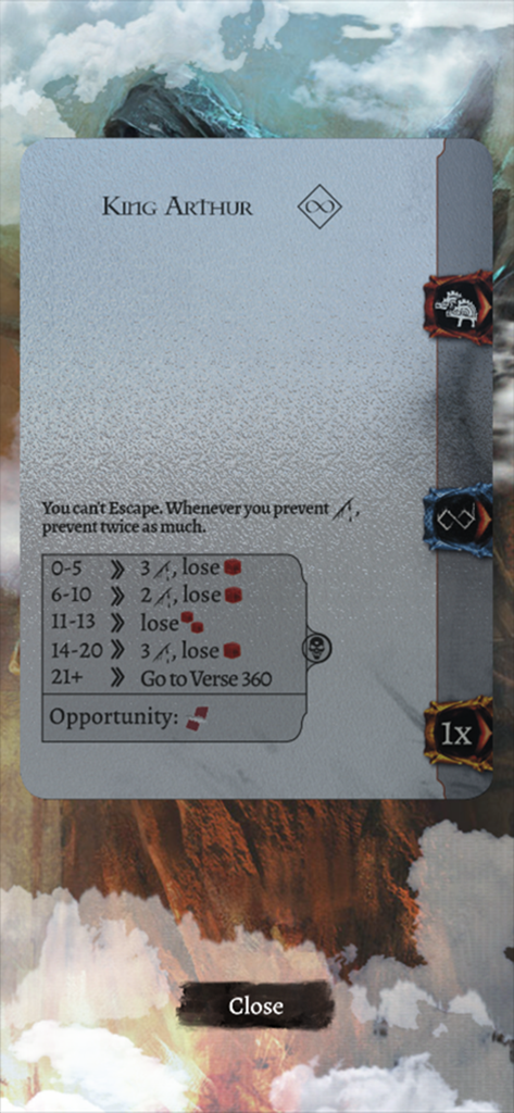 Tainted Grail Companion - Digital character card for King Arthur in the Tainted Grail Companion app displaying gameplay rules and choices