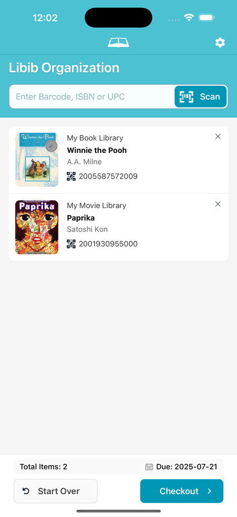 Interface do aplicativo Libib Kiosk exibindo itens digitalizados para autoatendimento com um botão de check-out