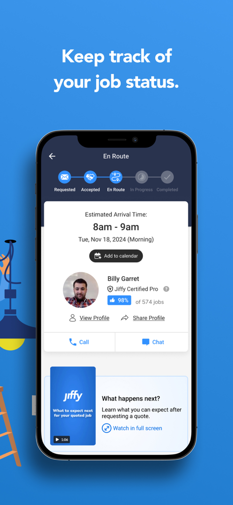 Jiffy - Interfaccia dell'app Jiffy che mostra un tracker dello stato del lavoro con orario di arrivo stimato e profilo del professionista
