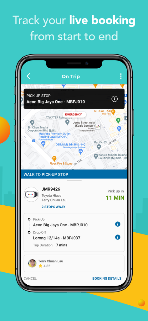 Kummute - Ride-pooling app - Kummute app interface showing live trip tracking with a map and driver details