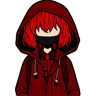 little anime girl in a raincoat her hair is covering her eyes she has a lighter