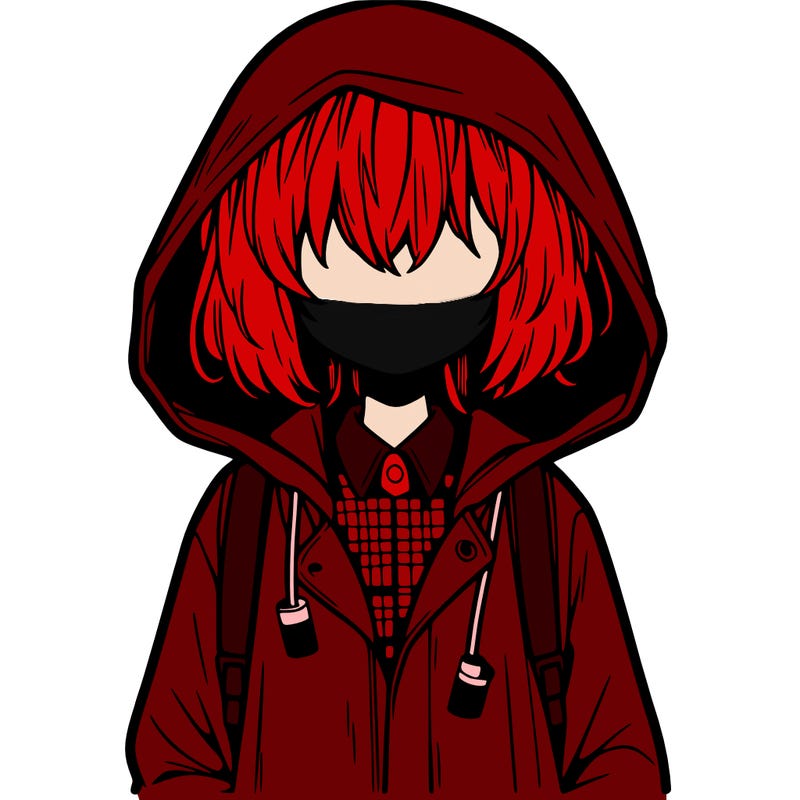 little anime girl in a raincoat her hair is covering her eyes she has a lighter