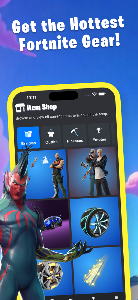 Interface d'application mobile montrant la boutique d'objets quotidienne de Fortnite avec des skins et des bundles