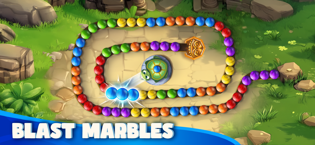 A turtle character shooting marbles to match colors in a tropical puzzle level