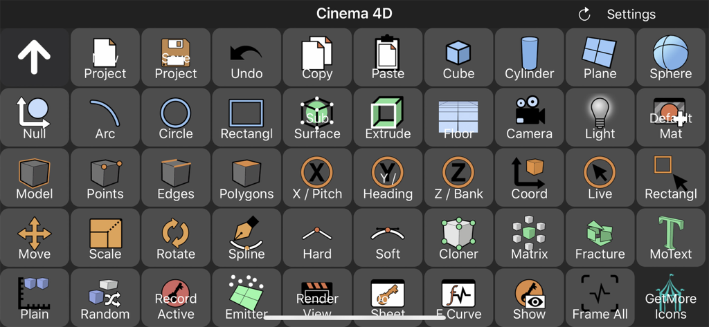 Touch Portal - Touch Portal-Oberfläche, die ein benutzerdefiniertes Makro-Deck mit Verknüpfungstasten für Cinema 4D zeigt