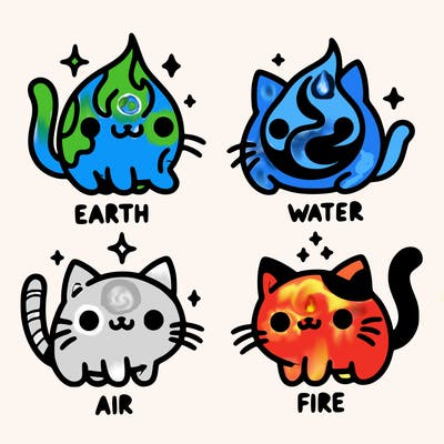 4 cats that represent the different elements, earth, water, air, and fire