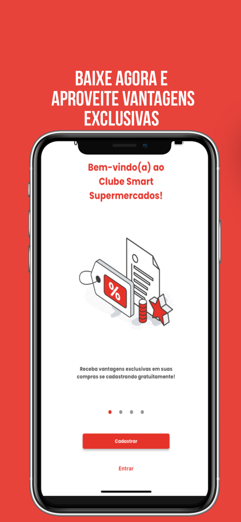 Clube Smart Supermercados - Tela de boas-vindas do aplicativo móvel Clube Smart Supermercados mostrando informações sobre recompensas de fidelidade