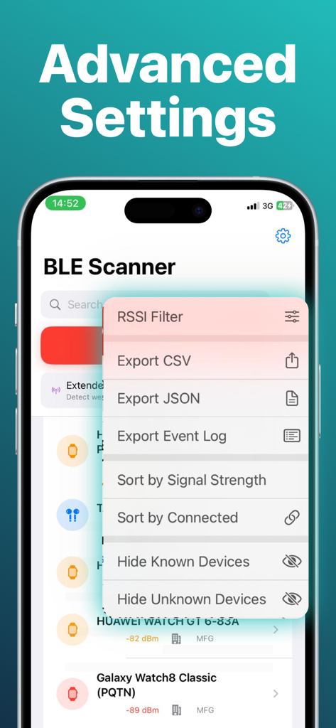 Advanced settings menu in the Bluetooth Scanner app showing options for RSSI filtering and data export in CSV or JSON formats