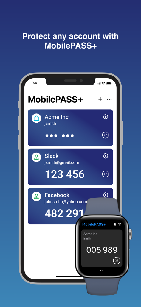 SafeNet MobilePASS plus app showing authentication codes on iPhone and Apple Watch