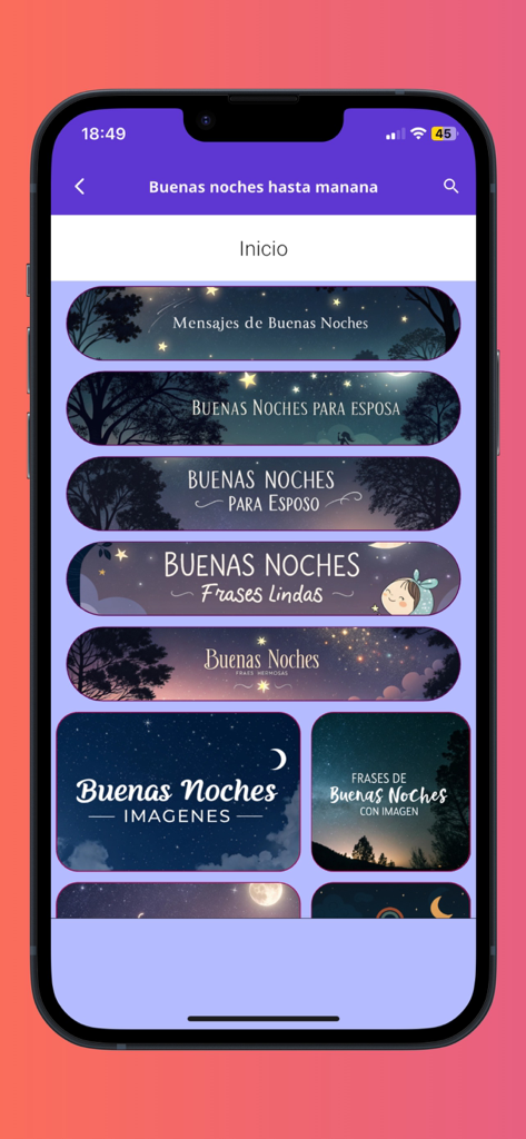 buenos días y buenas noches. - Pantalla de app móvil mostrando un menú de categorías de mensajes de buenas noches en español con fondos de noche estrellada