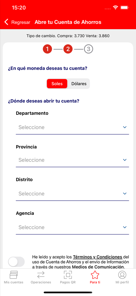 Wayki App - Caja Cusco Móvil - Tela do Wayki App para abertura de conta poupança com seleção de moeda e agência