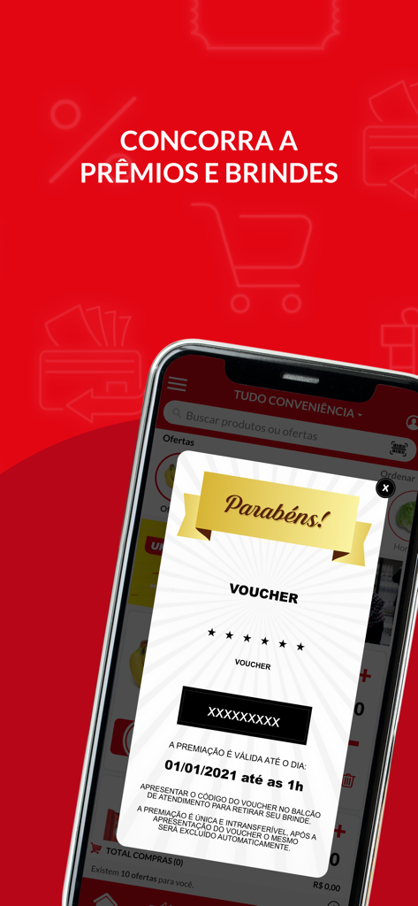 Tudo Conveniência - Uma tela de smartphone exibindo um voucher de parabéns por prêmios dentro do aplicativo Tudo Conveniencia