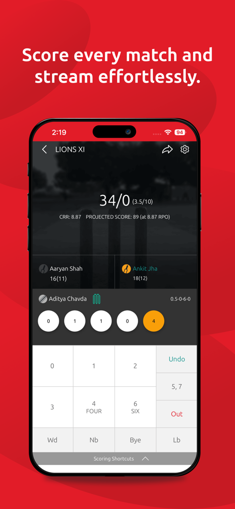 CricHeroes mobile app interface showing live cricket match scoring and statistics