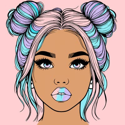 realistic girl with two buns on her hair and lips