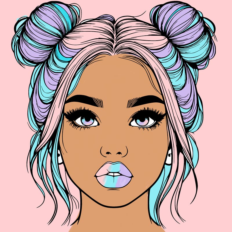 realistic girl with two buns on her hair and lips