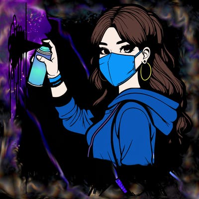 realistic girl with mask spray painting a wall
