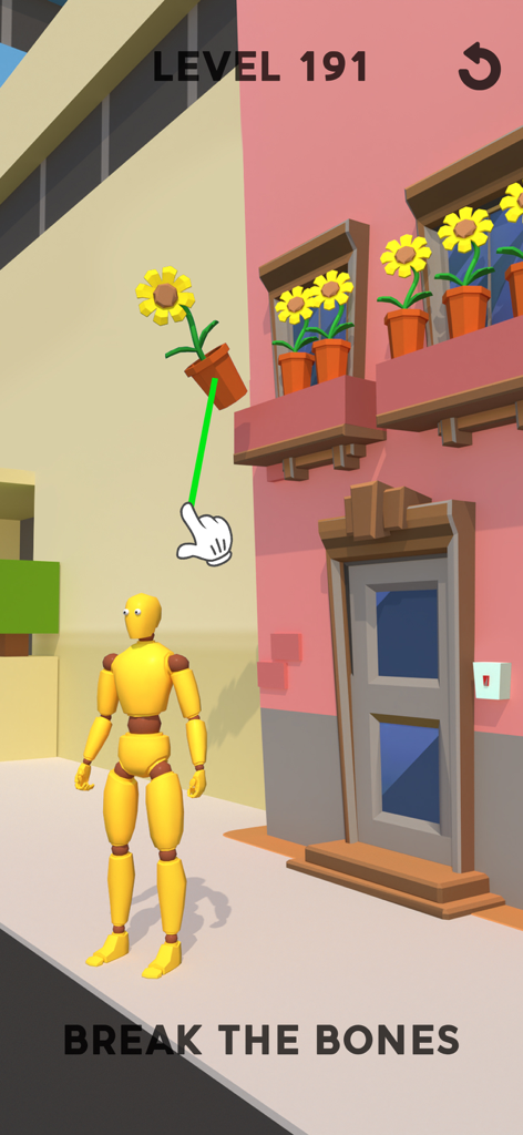 Personnage ragdoll jaune debout près d'un bâtiment rose avec un pot de fleurs tombant dans un jeu de physique