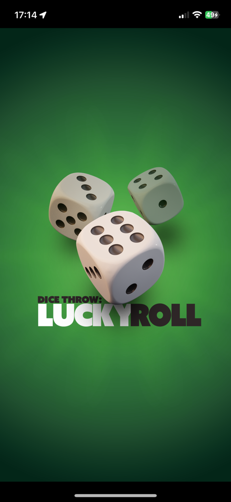 Pantalla de inicio de la aplicación móvil Dice Throw Lucky Roll con tres dados 3D sobre un fondo verde
