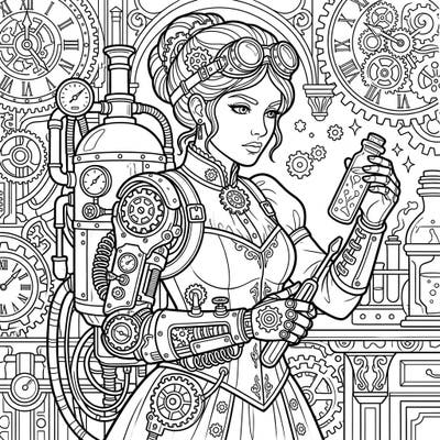 Embark on a fascinating journey to a retro-futuristic world with this detailed Steampunk Medical Cyborg coloring page. Immerse yourself in gears, gadgets, and Victorian elegance, perfect for adult and teen colorists.