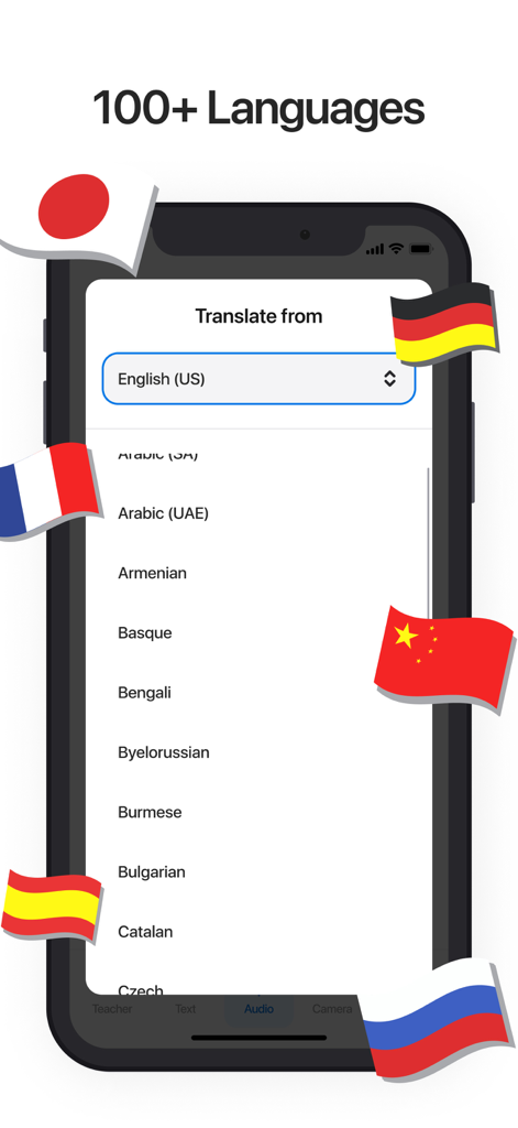 Translate AI: Voice Translator - A smartphone displaying a list of over 100 supported languages in the Translate AI app surrounded by various international flags