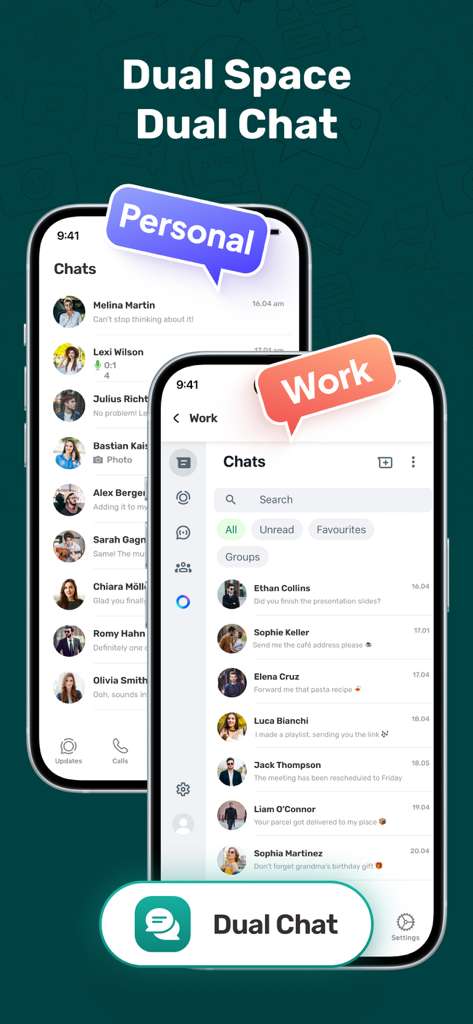 Interface de l'application Whats Web montrant le mode double chat avec des comptes de messagerie personnels et professionnels séparés