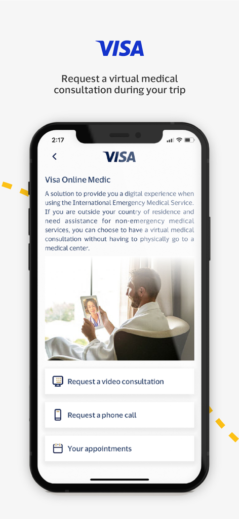 Visa Benefits - Interface of the Visa Benefits app for requesting a virtual medical consultation while traveling
