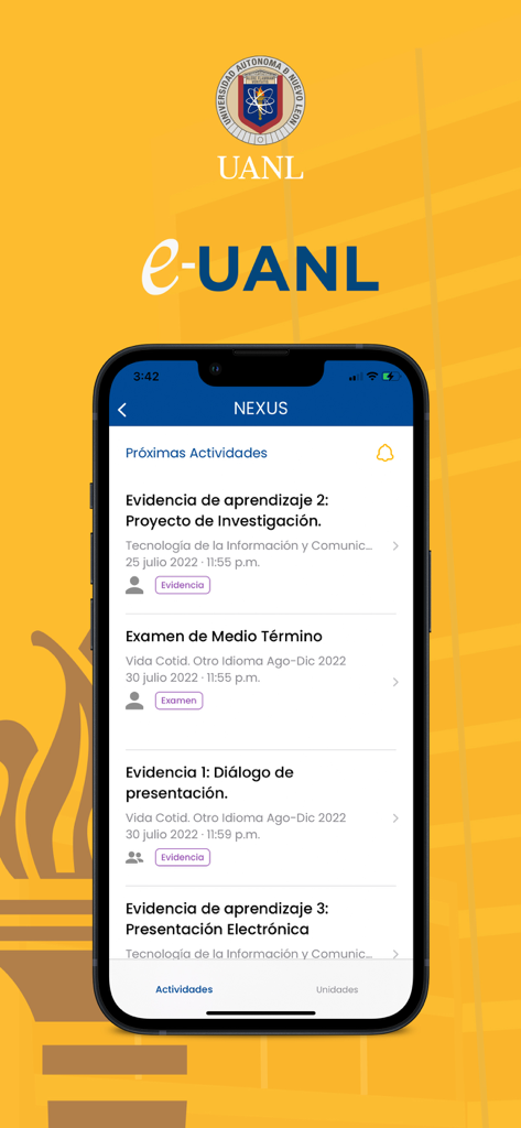 Captura de pantalla de la sección NEXUS en la aplicación e-UANL Campus Digital que muestra una lista de próximas actividades académicas y exámenes.